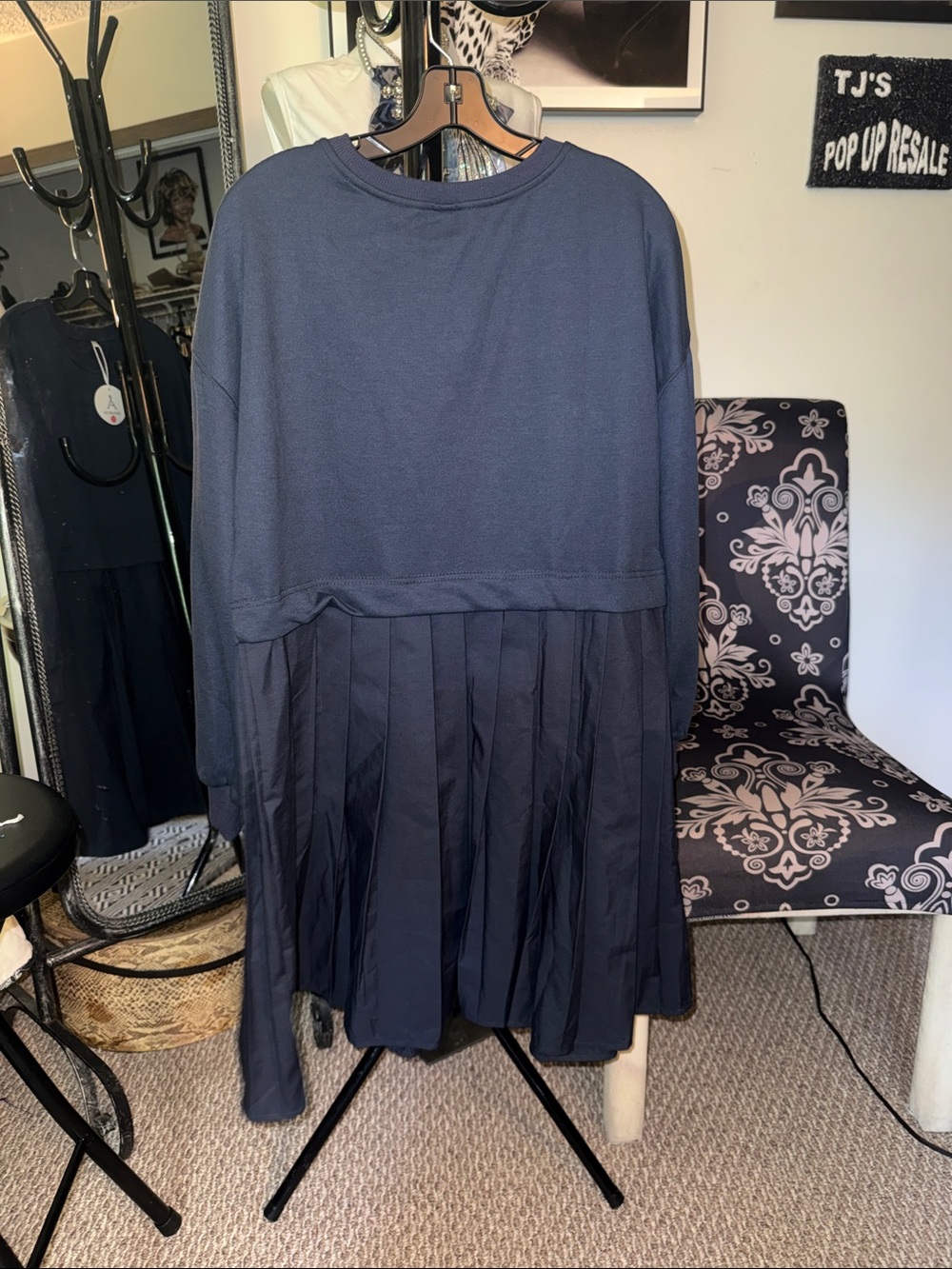 A New Day Navy Pleated Sweatshirt Dress - Casual Everyday Dress - Picture 3 of 5
